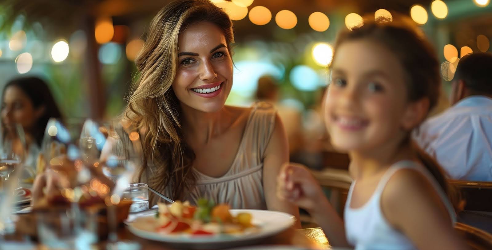 Mom and daughter enjoying a meal in Boston Suburbs Mom and daughter enjoying a meal