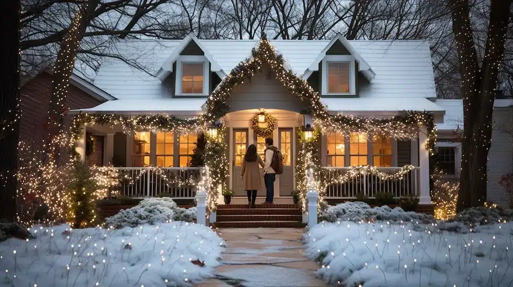 Couple Walking Toward The Front Door of A Beautifully Decorated Christmas Themed House on A Winter Evening. Adobestock 630492235