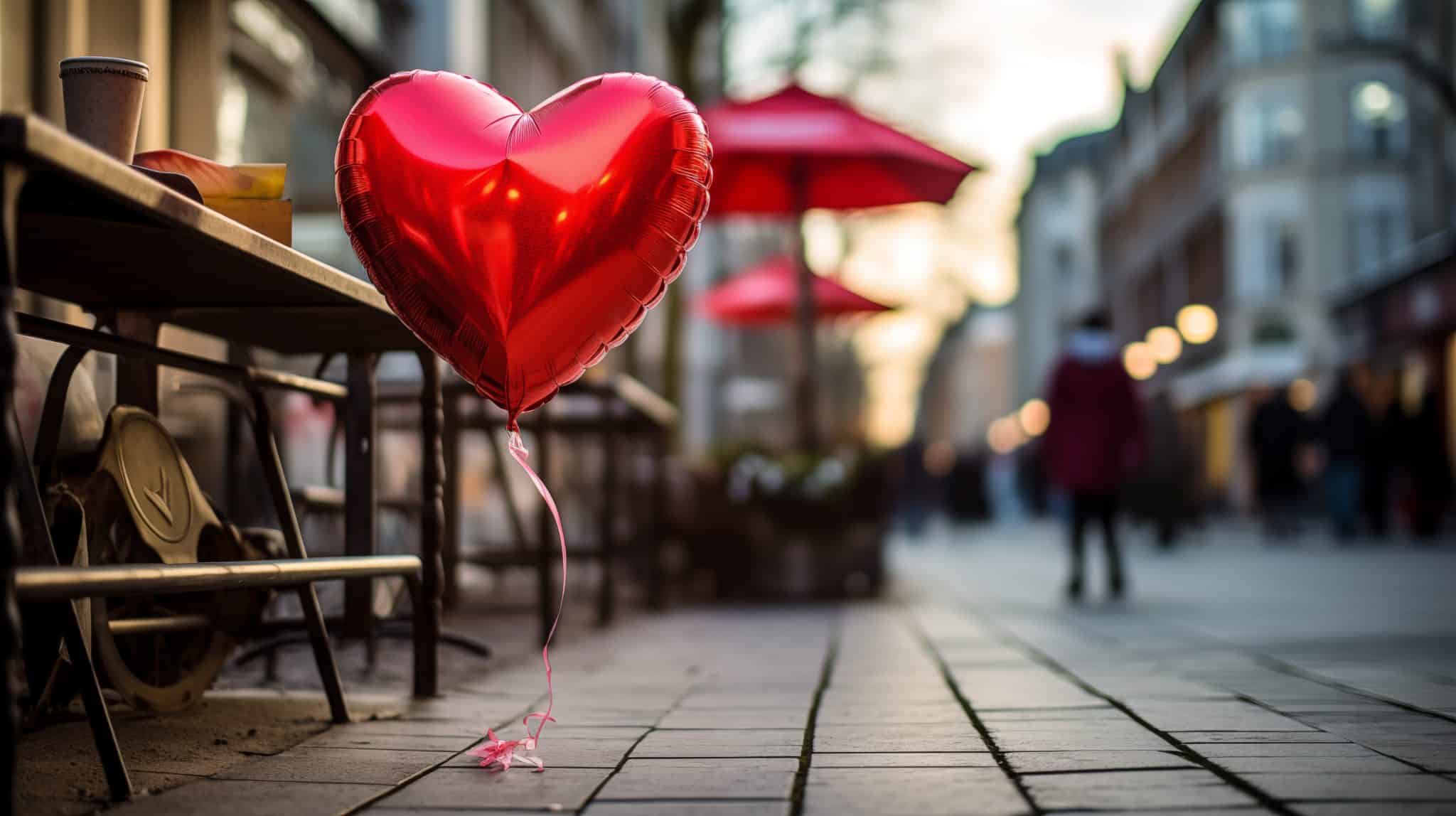 red heart shaped balloons, valentine's day decorations on the street of the city, sign of love