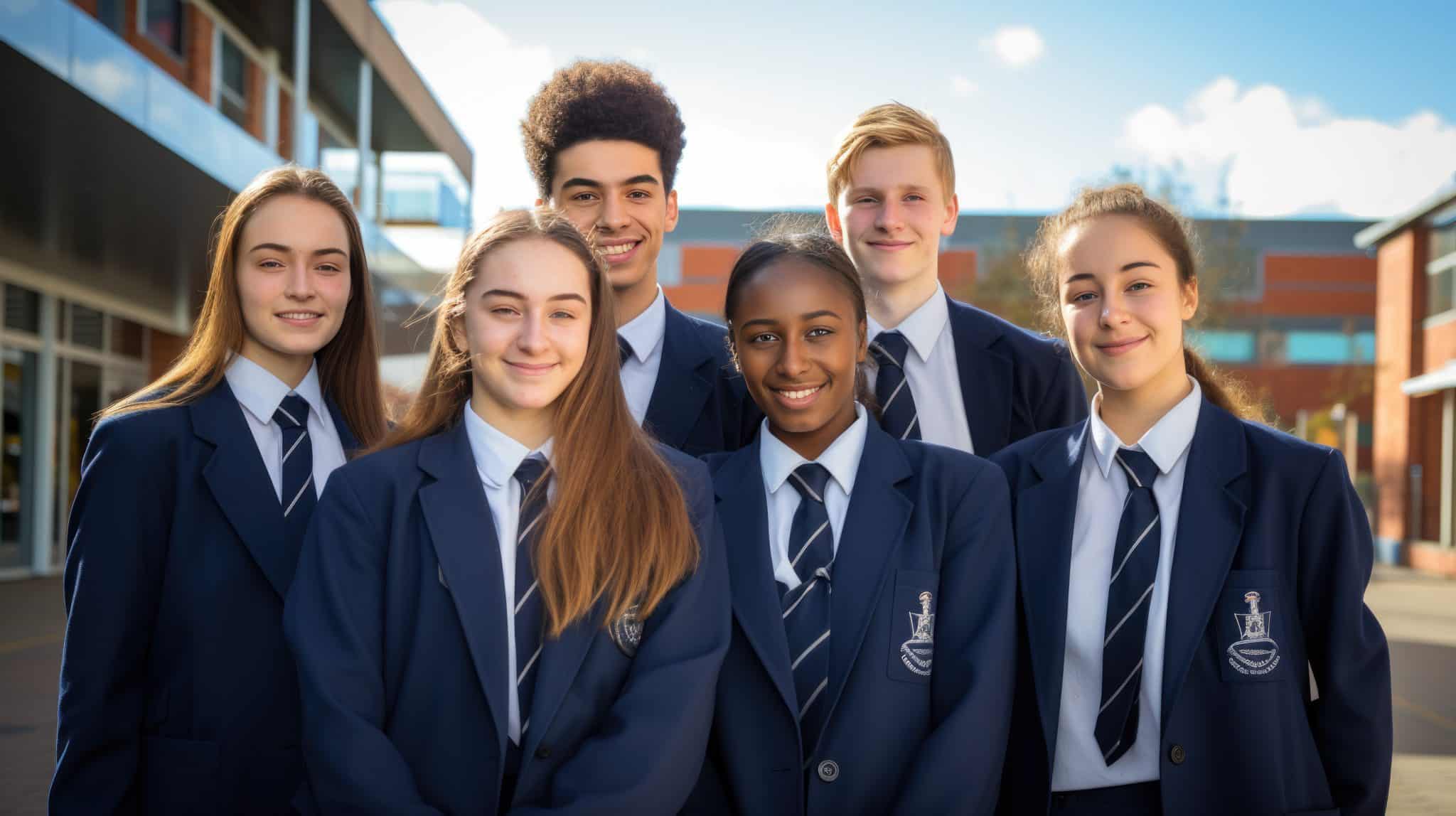 Group of private school students stand outside in uniform in front of the school building. Created with Generative AI technology.