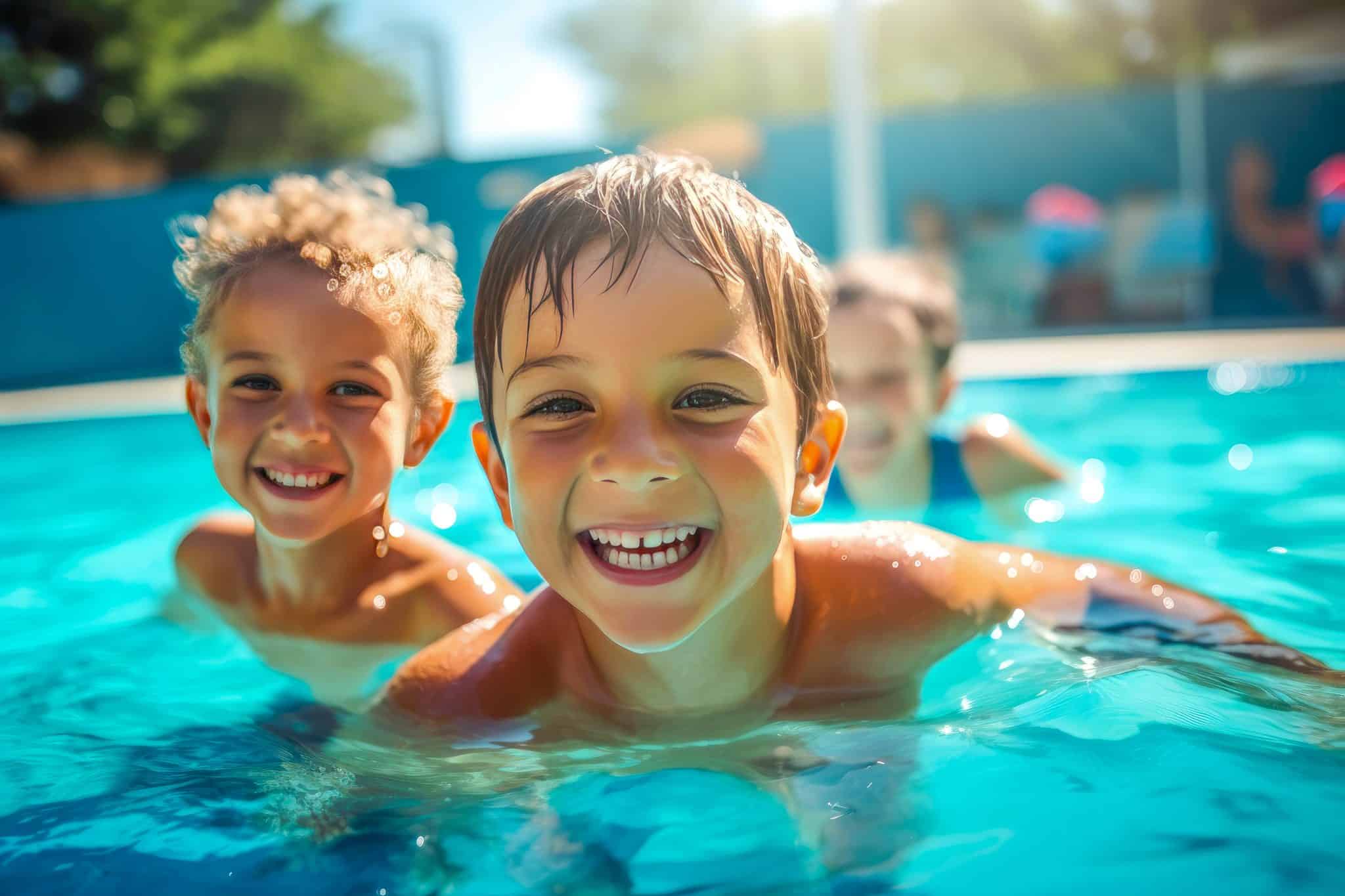 Joyful young children, sharing smiles, water splashes and laughter as they swim together in a public swimming pool, showcasing fun and friendship