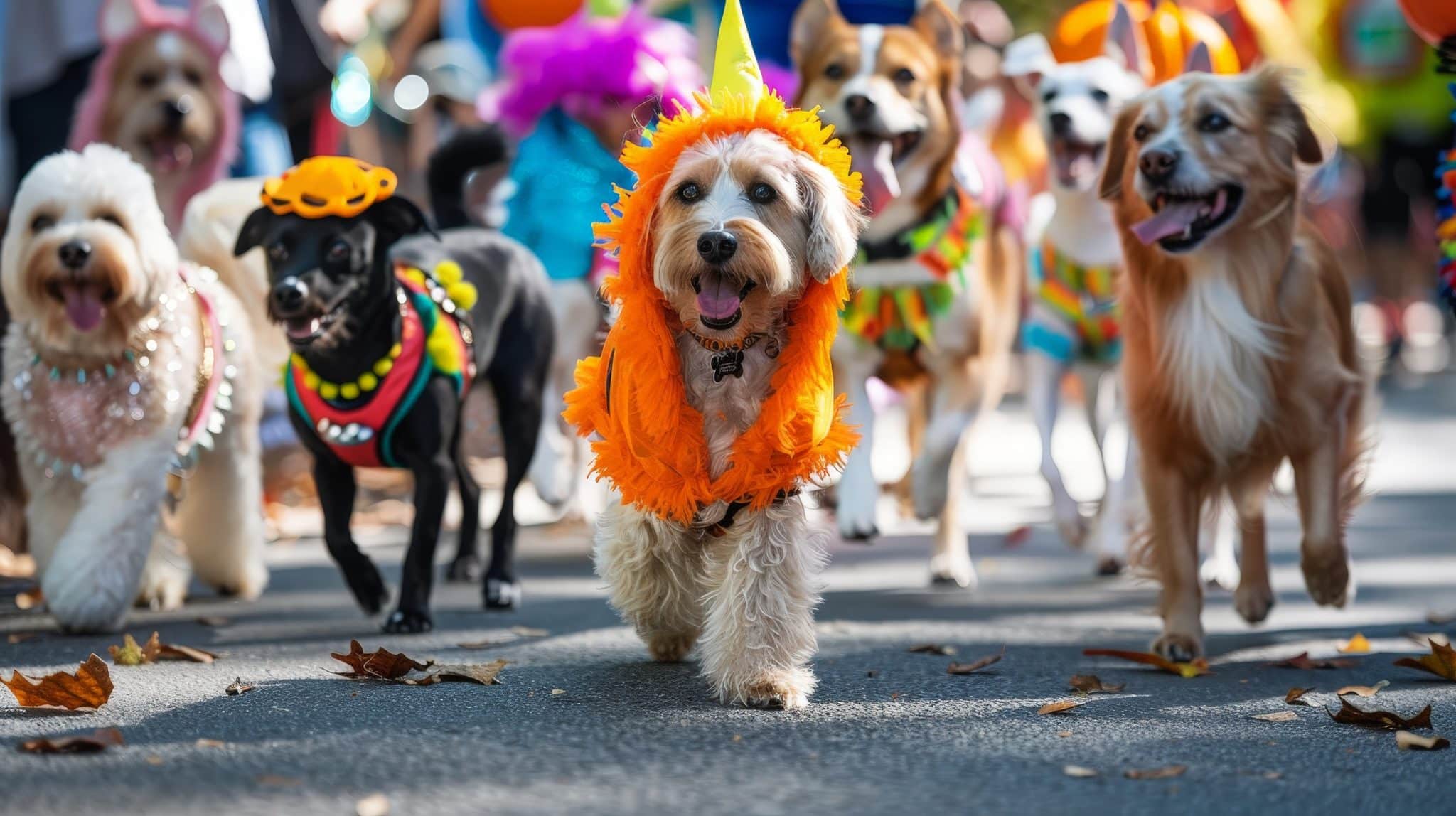 A parade of dogs in adorable Halloween costumes, walking down the street during a pet parade. A parade of dogs in adorable Halloween costumes, walking down the street in a New York City suburb