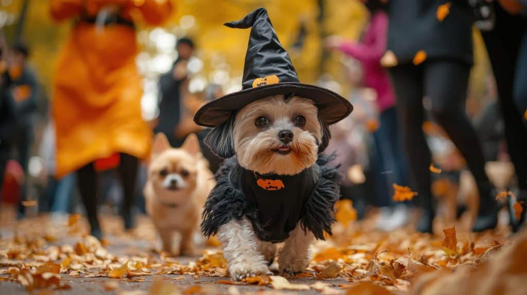 Cute dog in a witch costume in a Halloween parade in a New York City suburb
