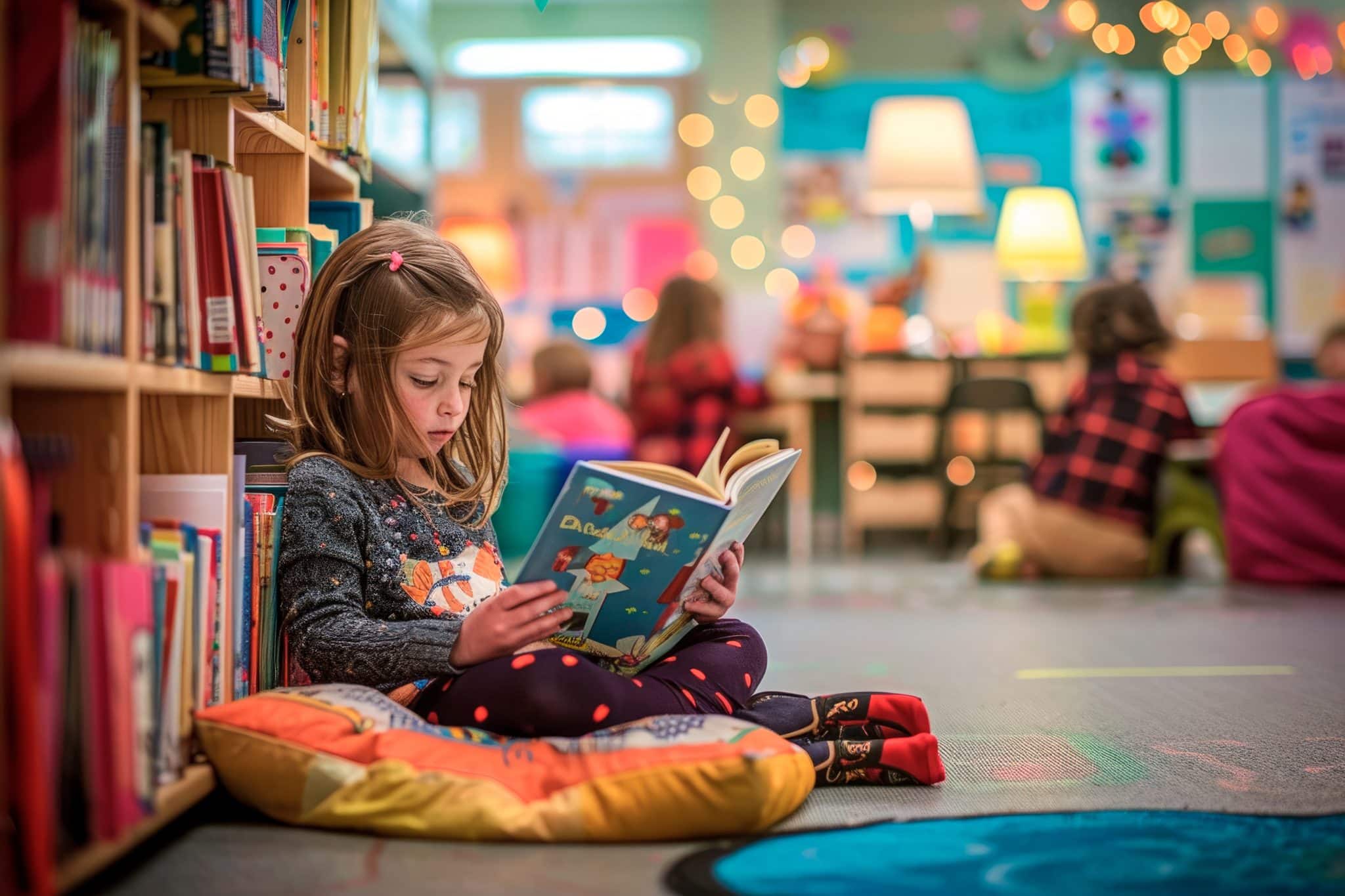 A young student sitting in a cozy corner of the classroom, deeply engrossed in a book A young student sitting in a cozy corner of the classroom, deeply engrossed in a book