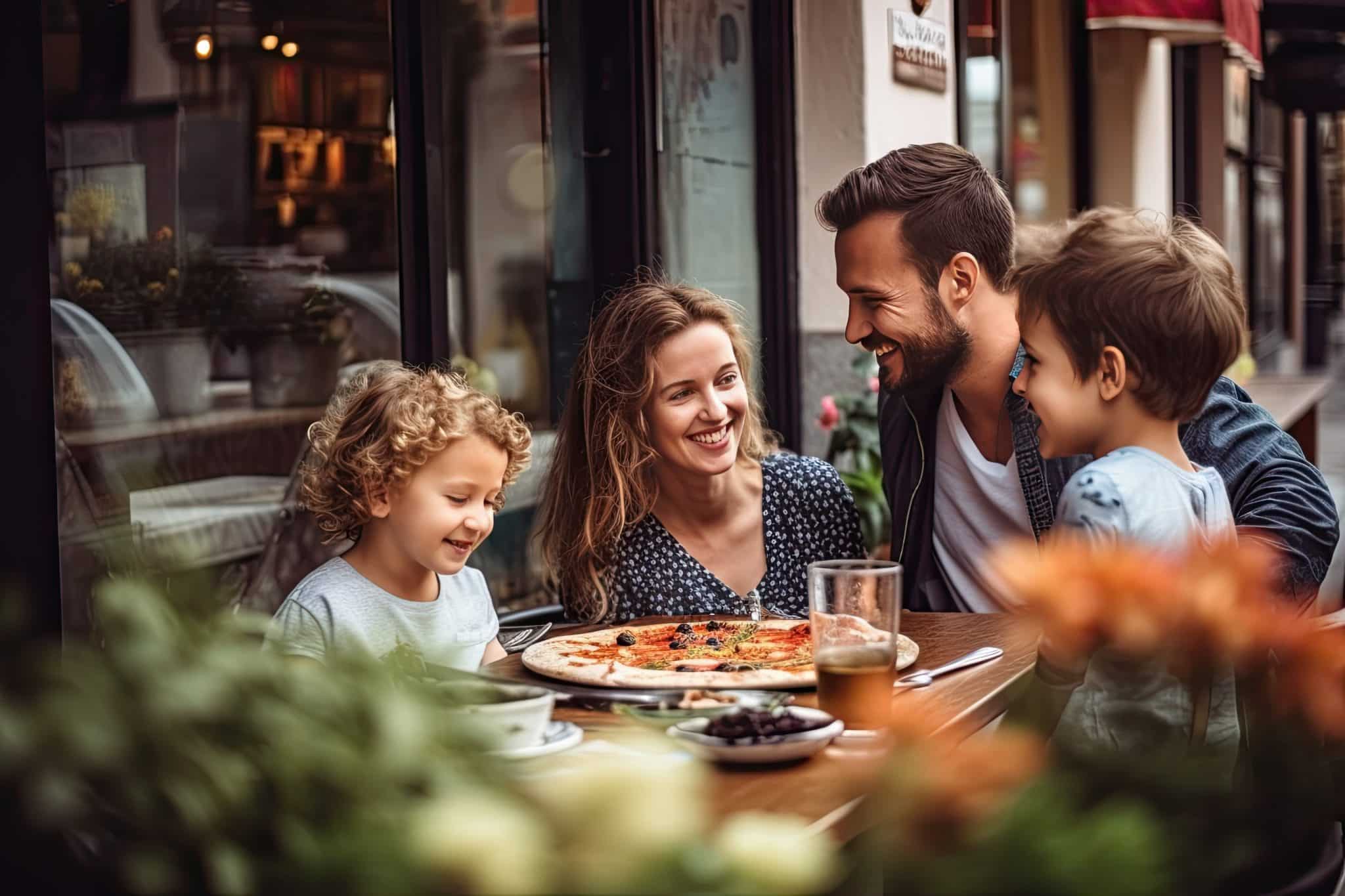 A joyful family gathers at a restaurant, sharing a meal in New Jersey A joyful family gathers at a restaurant, sharing a meal in New Jersey