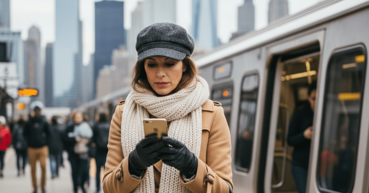 Long Island Commute to NYC by Train Woman checking her phone while standing on a Long Island Rail Road platform during a weekday commute to New York City