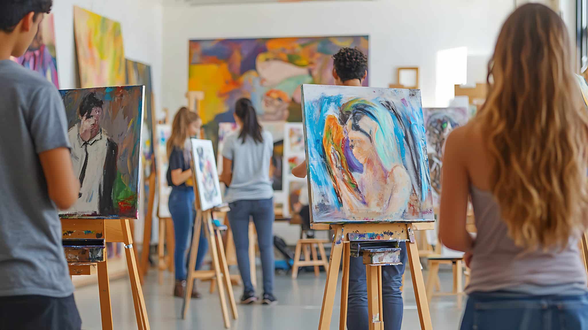 A vibrant art class with students painting and drawing on easels. A vibrant art class with students painting and drawing on easels.