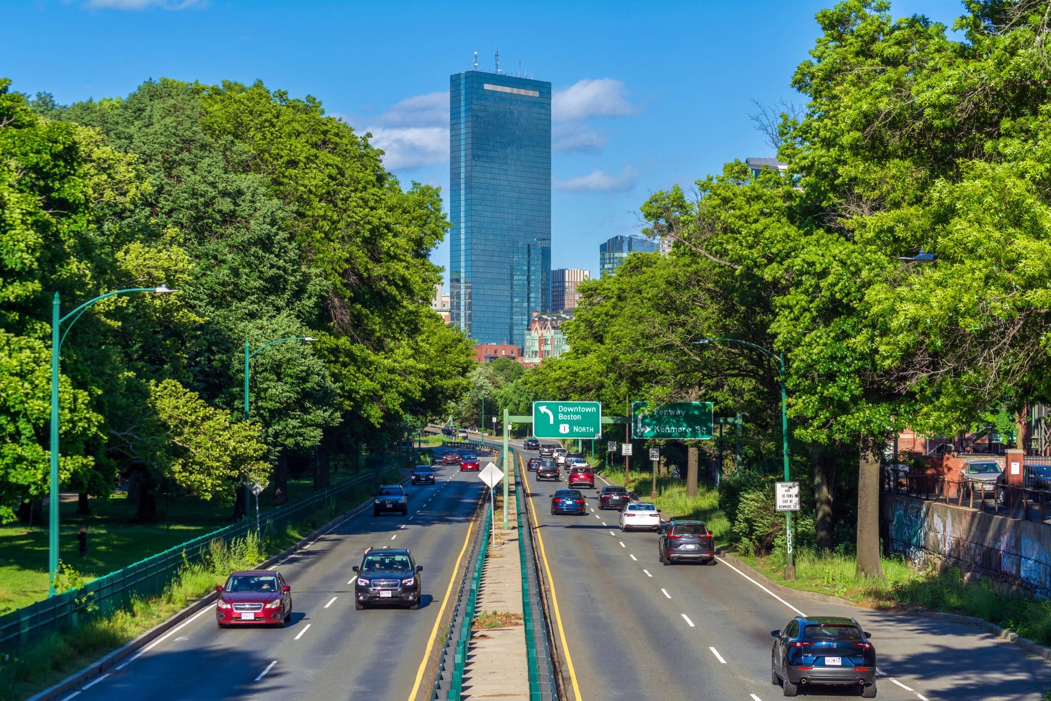 Scenic view of Storrow Drive in Boston with John Hancock tower Scenic view of Storrow Drive in Boston with John Hancock tower