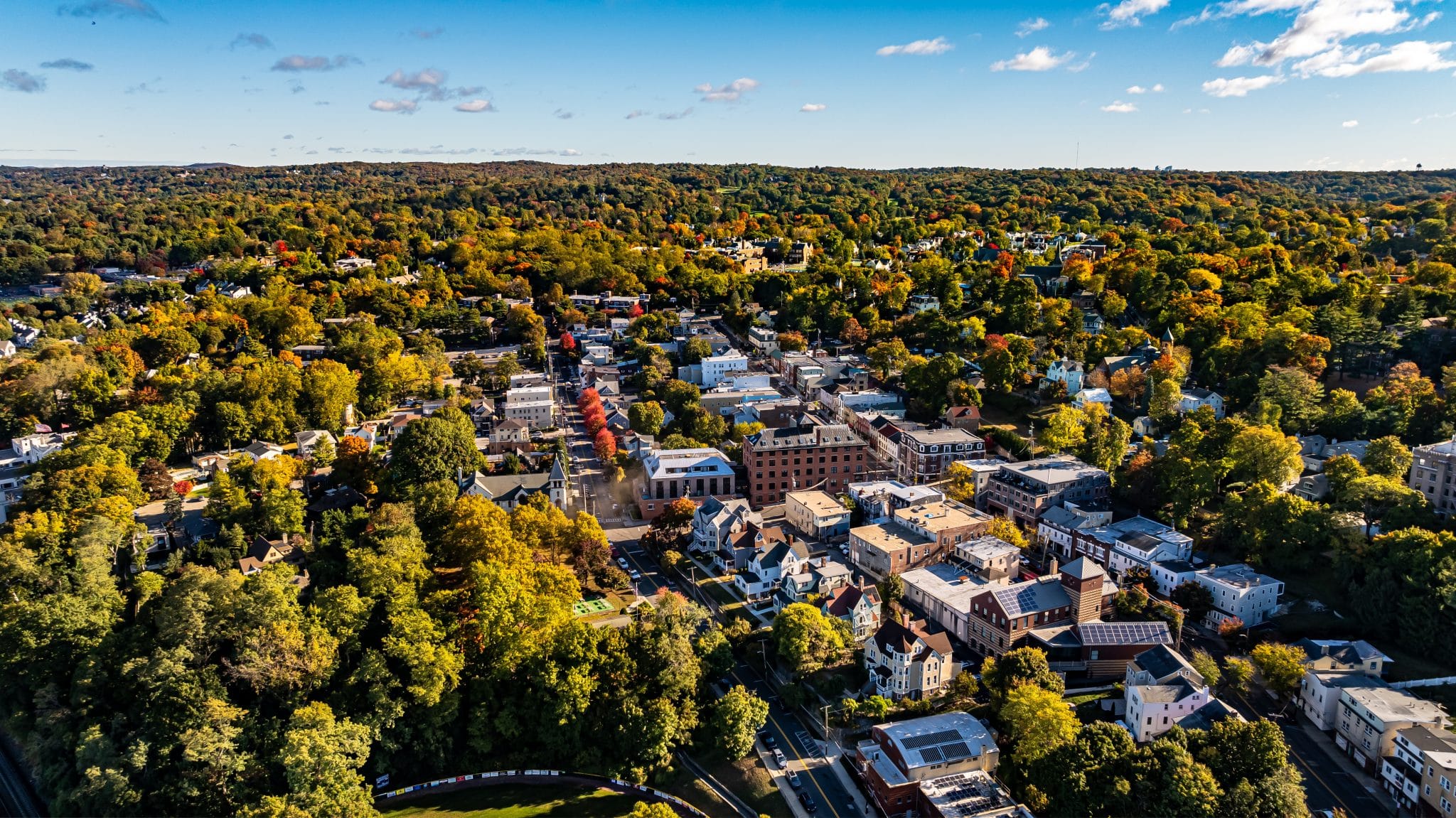 Morning fall, autumn, October 2024, aerial photo of the area surrounding the Village of Dobbs Ferry, NY, USA Westchester County, NY