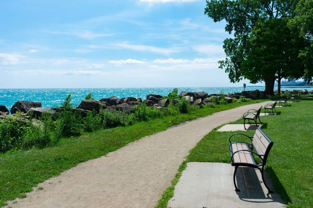Benches at a park along Lake Michigan in Evanston, Illinois