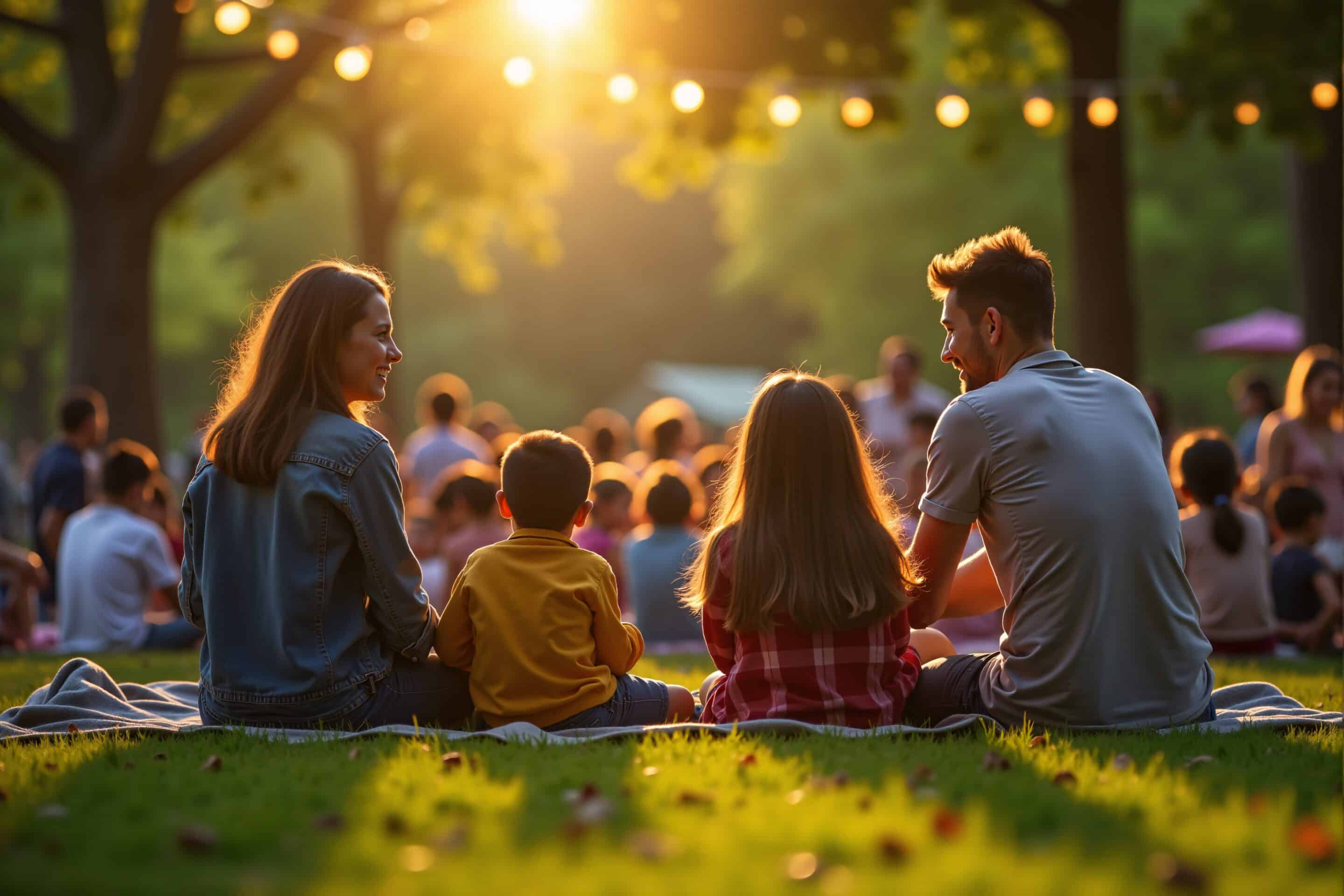 Family enjoying an outdoor concert in a park