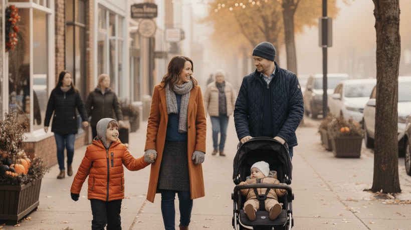 Family Enjoying the Holidays in a Suburban Downtown Family walking through a downtown street in the suburbs during the holidays