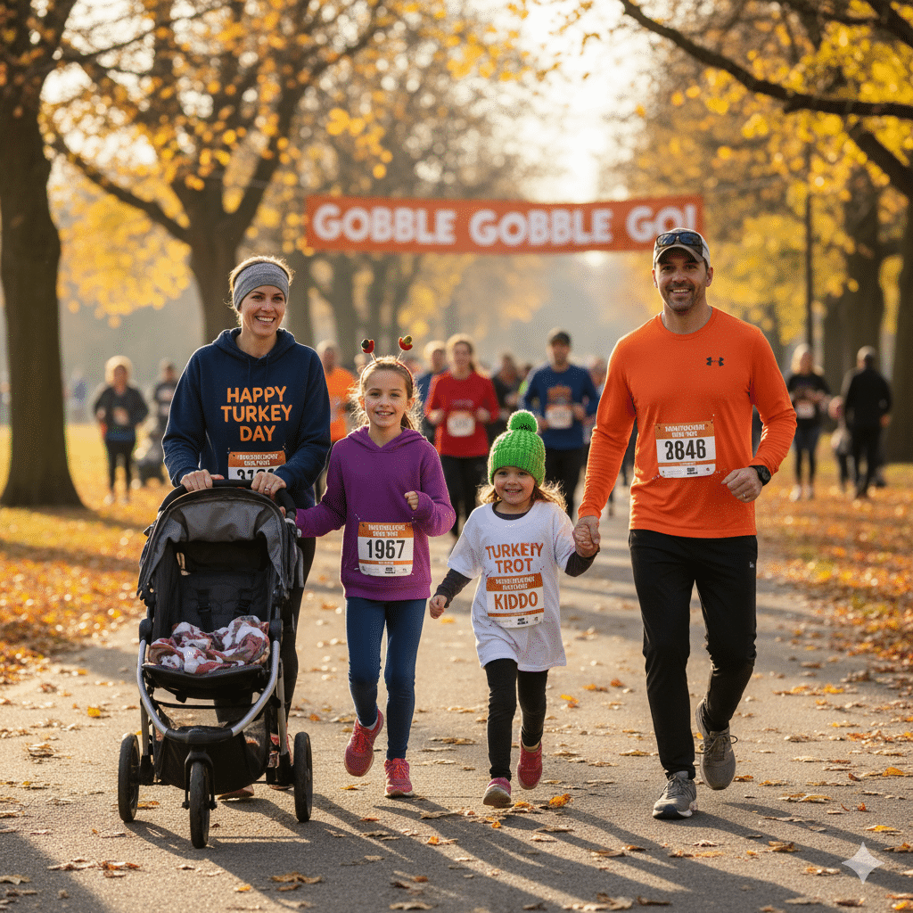 Family Running in a Thanksgiving Turkey Trot Family running a Thanksgiving turkey trot race with fall leaves and a “Gobble Gobble Go!” banner in the background