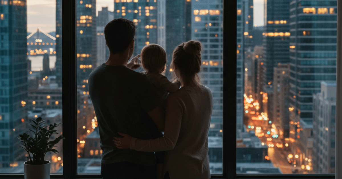 Reflecting on Your 2026 “Where” Family looking out at a city skyline at dusk while reflecting on whether their home still fits their life in 2026