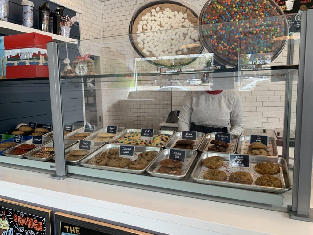 Cookie display case at a dessert shop in Needham, Massachusetts