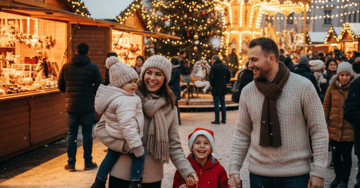 Suburban Holiday Traditions with Family Family enjoying a festive suburban holiday market with lights, music, and winter activities