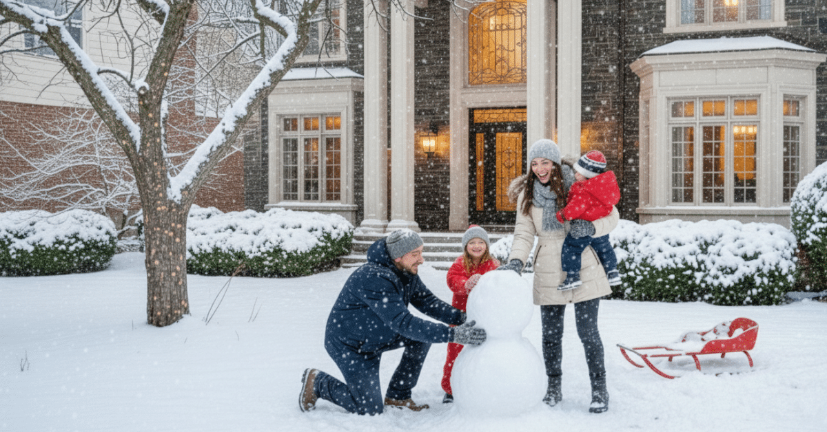 January Is the New Home Buying Season for Suburban Moves Family playing in the snow outside a suburban home, illustrating why January is the new home buying season for suburban moves
